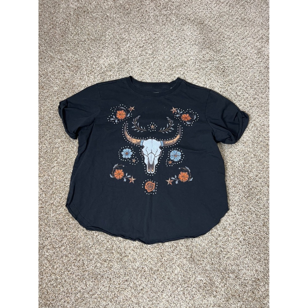Idyllwind Miranda Lambert Western Longhorn Skull Floral Graphic T-Shirt Black L